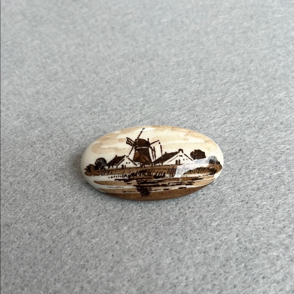 Vintage Oval Ceramic Brooch with Windmill Design